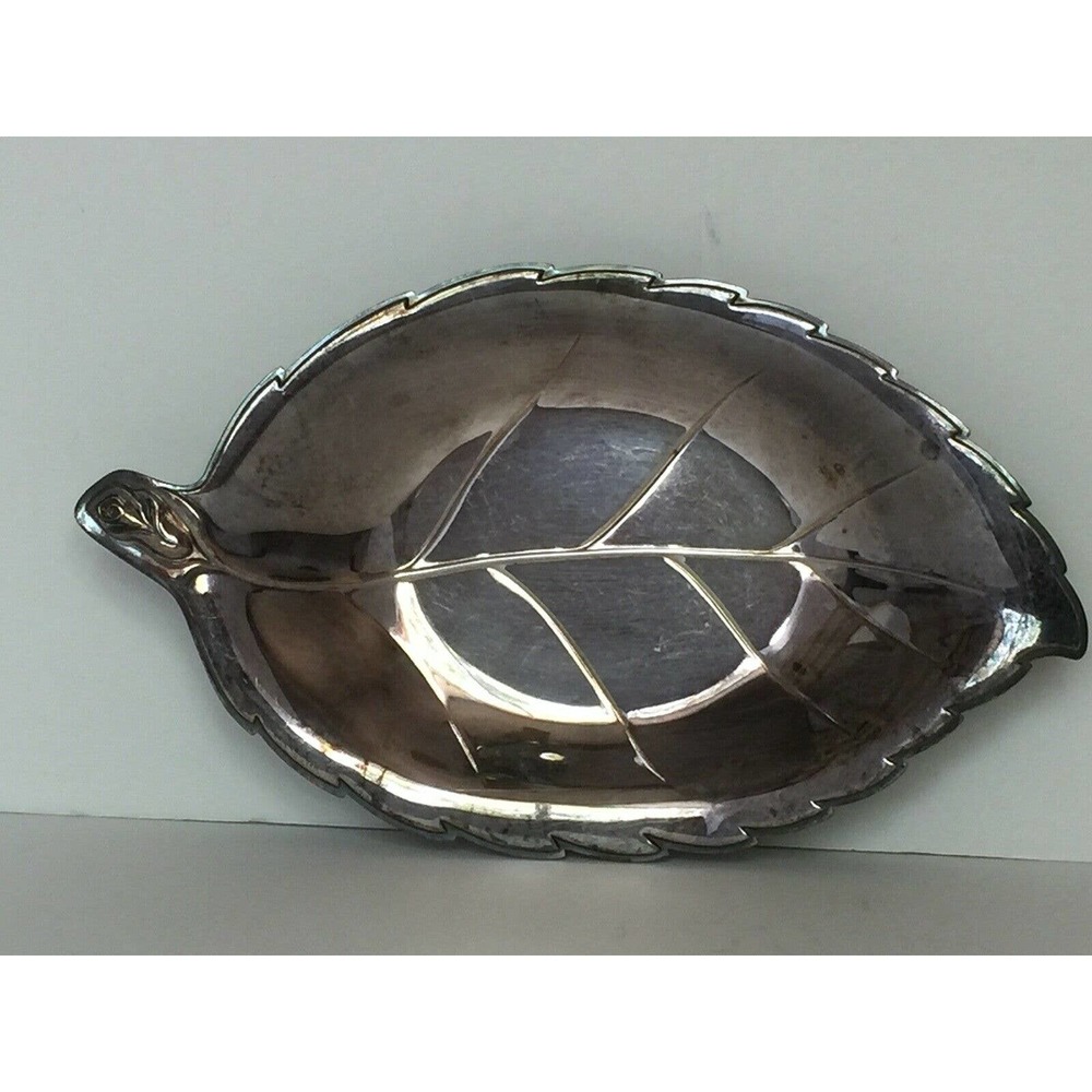 Vintage Silver Plate Leaf Shaped Serving Tray Rose Handle International Silver